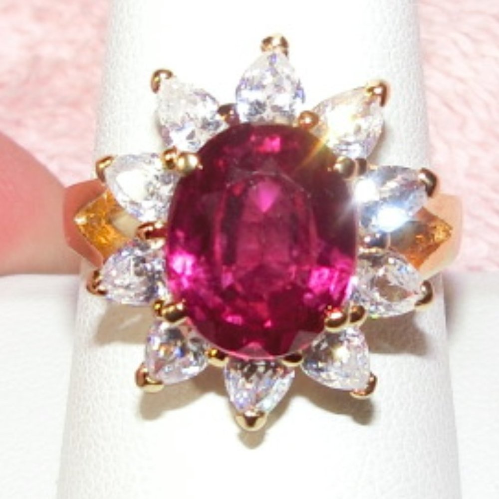 VTG Created Ruby Ring w/CZ's /GP Setting over SS 8 Total Carats! GORGEOUS!